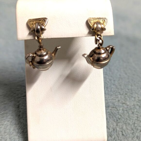 Vintage 50's Silvertone Teapot Screw Back Earrings - Picture 6 of 9